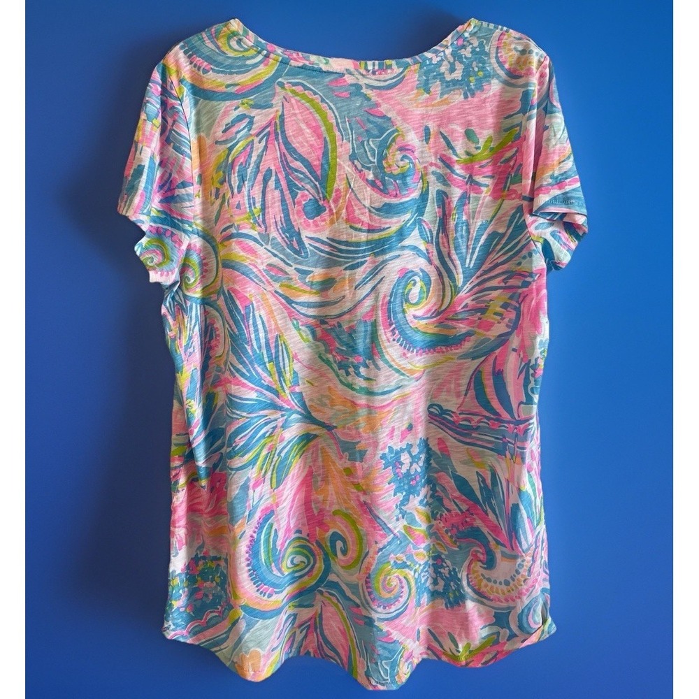 New Lilly Pulitzer Etta Top V Neck T Shirt Knit Size XL Carnival Coral X Large - Picture 3 of 9